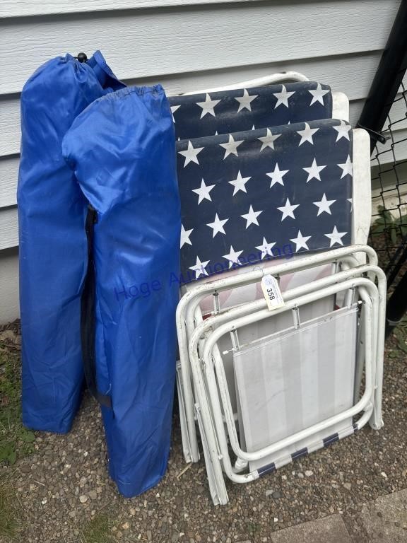 2 CHAIRS IN BAGS, 6 FOLD-UP LAWN CHAIRS, OUTSIDE