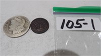 1855 Large Cent (Rough),  Morgan Silver Dollar +