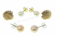 (3) Pairs 14k Yellow Gold & Pearl Earrings