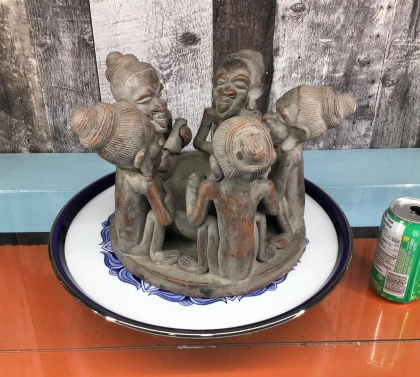 Heavy African motif bowl holder & ceramic platter