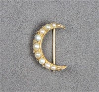 Victorian 14K Gold & Pearl Crescent Pin