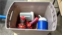 Tote of hummingbird feeders, thermos, Rubbermaid