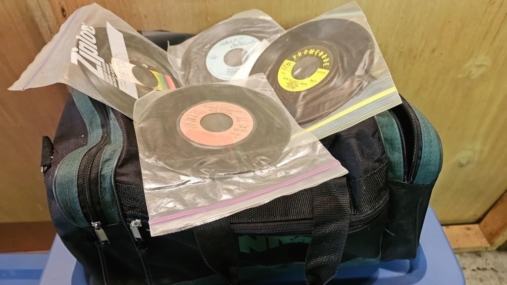 Small to medium sized nra tote bag full of 45rpm