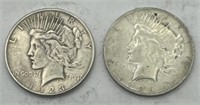 (KK) 2 Silver Peace Dollar Coins 1923s & 1926