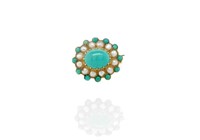 Turquoise & pearl set 9ct yellow gold brooch