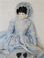 Antique German Porcelain Doll in Blue Dress