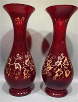 PAIR OF GOLD DECORATED CRANBERRY VASES