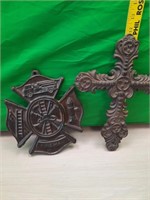 Cast fireman plaque and cross