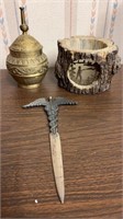 LETTER OPENER, BRASS POT, CANDLE HOLDER