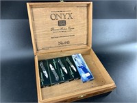 Cigar box with 5 small new in box pocket knives