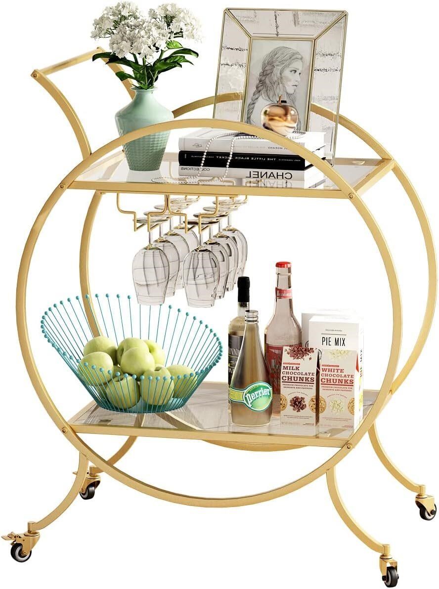 Round Bar Carts Gold Serving Cart with 2 Tier Stor