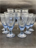 (9) Noritake Light Blue Swirl Glass Water Goblets