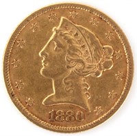 1880-P 90% GOLD $5 LIBERTY HEAD COIN