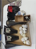 Funnels, light bulbs, gloves, misc.