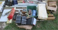 Pallet of garage items including shingle shovel,