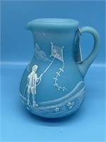 Fenton Mary Gregory Blue Satin Glass Pitcher