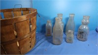 Vintage Milke Bottles & Bushel Basket