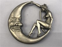 1979 PEWTER GIRL ON THE MOON BELT BUCKLE 3.5" WIDE