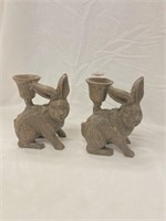 Pair of cast iron rabbit candle holders