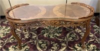 Carved Wood & Inlay Coffee Table w/ Glass
