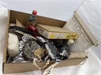 Box of Misc Buttons Bottles Post Cards Lace