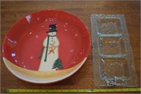 Christmas ceramic snowman bowl reindeer glass tray