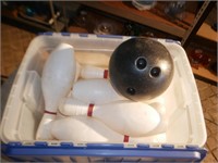 Vintage Plastic Bowling Ball & Pins in Tote