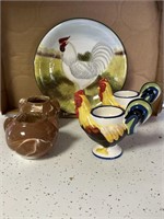 Chicken Plate & Egg Cups, sm pottery pieces