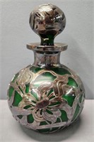 Silver Overlay Green Art Glass Bottle