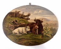 Painting on wooden panel, Cows, 9" x 12.5" oval
