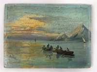 Painting on wooden panel, Fishermen, 7.5" x 10"