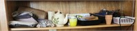 Shelf lot of misc. utensils mugs cords and more