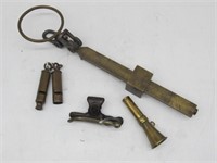 5 PC LOT  SCALE , 3 WHISTLES,  REIN HOLDER
