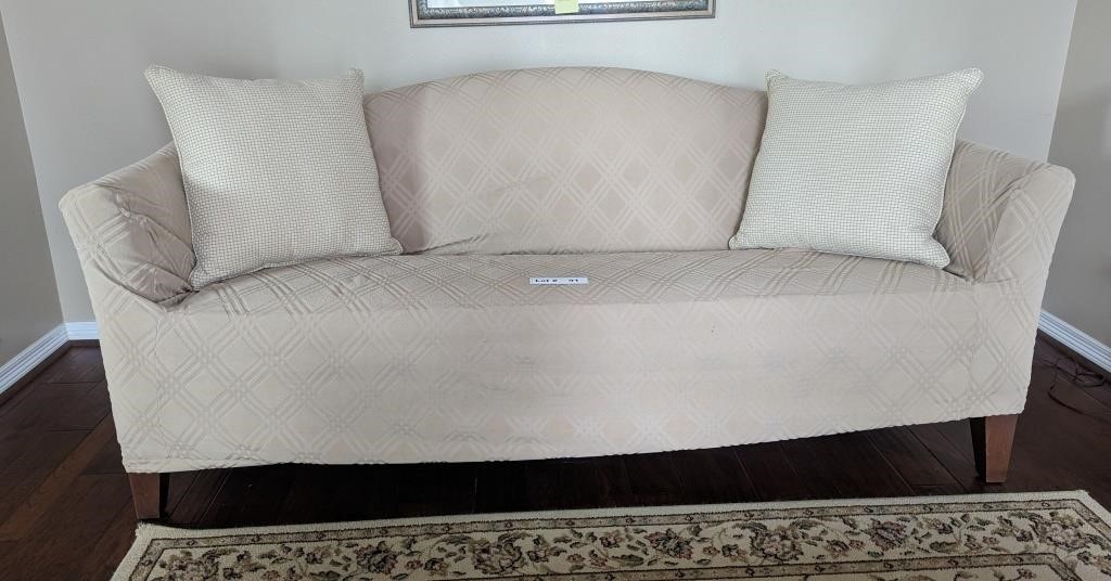 ETHAN ALLEN SOFA WITH COVER AND PILLOWS