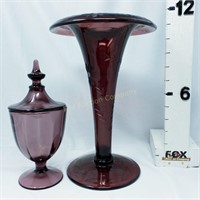 Tall Amethyst Etched Vase & Compote