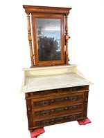 HEAVY CARVED WALNUT MARBLE TOP CHEST WITH MIRROR