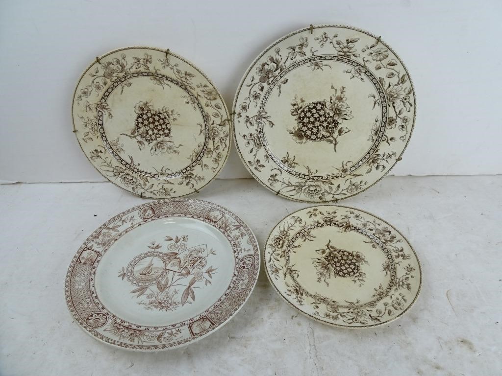 Lot of 4 Antique 19th Century Flow Brown Plates -