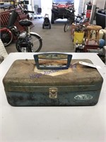 GREEN METAL TACKLE BOX W/ SOME TACKLE