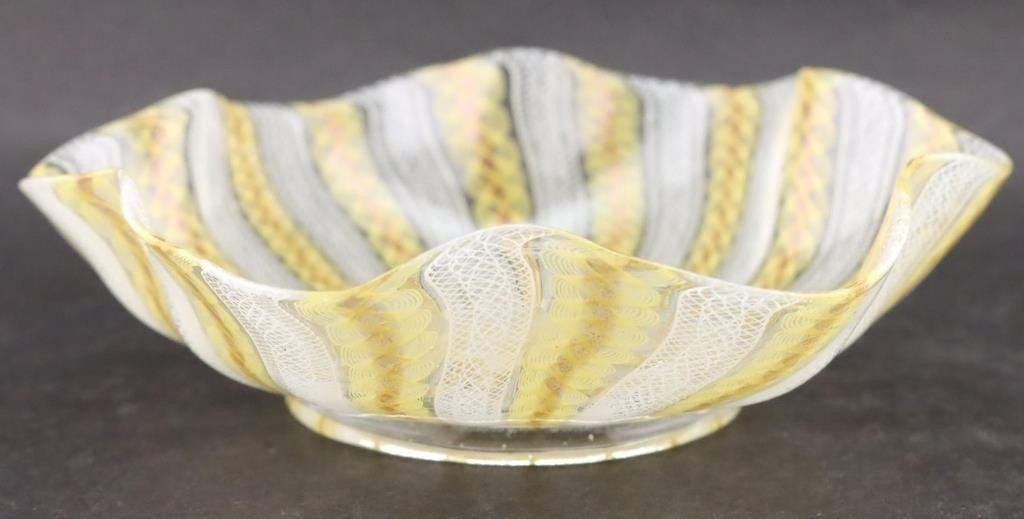 Yellow & White Murano Filigrana Art Glass Bowl