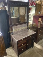 Gorgeous, dark walnut water stand with mirror and