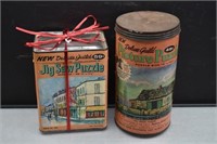 2 Vintage Puzzles in Cardboard Metal Lid Canisters