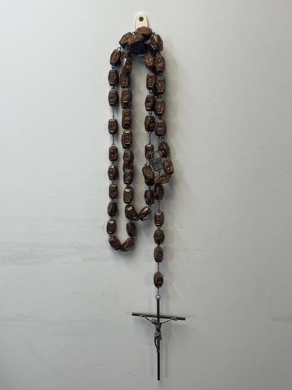 Priest's Long Wood Beaded Catholic Crucifix 62in