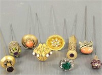 9 antique, etc. jeweled metal hat pins including