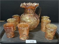 8pc Marigold Carnival Glass Pitcher Set.