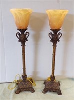 PAIR HEAVY METAL TABLE LAMPS W/GLASS SHADES
