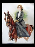 1908 LITHOGRAPH OF COWGIRL ON SIDE SADDLE - 13" X