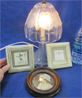 glass night light & 3 small framed prints