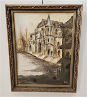 VINTAGE OIL ON BOARD EUROPEAN CITY VIEW SIGNED