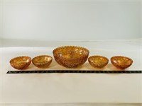 5pcs Amber Carnival Glass Bowls