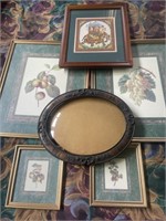 Pictures of fruit, antique picture frame, and
